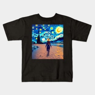 Van Gogh Starry Night Western Cow Girl Painting Kids T-Shirt